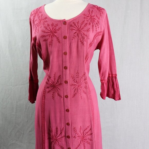 BFA Classic Embroidered Button Front Dress M Boho Fuchsia Rayon Midi Tie Back - Picture 1 of 16